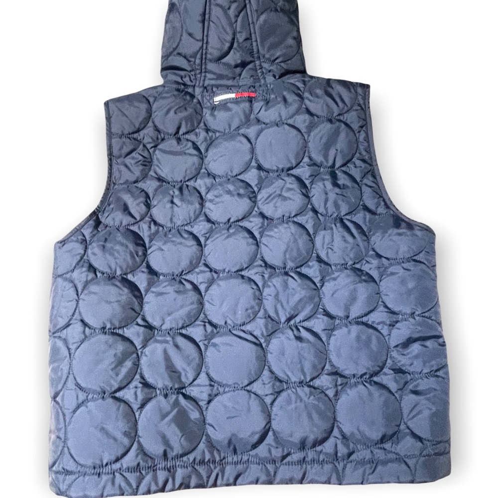 Vintage Tommy Hilfiger Light Weight Hooded Puffer Vest Navy Red Circle Pattern - Picture 8 of 14